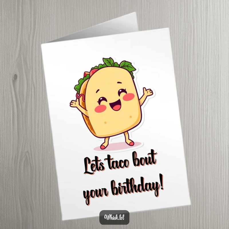 Funny Free Printable Taco Birthday Card: A taco character with a wide smile dancing energetically, wishing a fiesta-filled birthday.