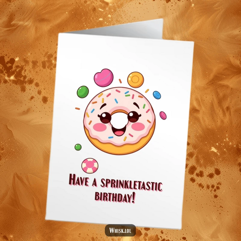 Funny Free Printable Donut Birthday Card: A smiling donut with sprinkles joyfully juggling colorful candies, wishing a sweet and happy birthday.