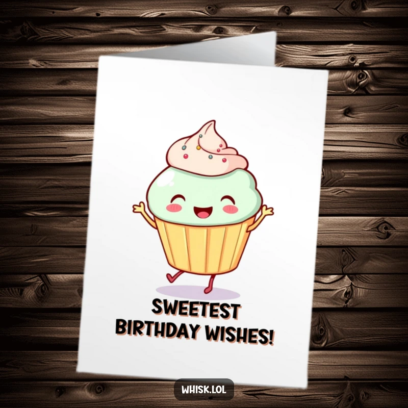 Funny Free Printable Birthday Card: Smiling cupcake with tiny legs doing a joyful jig, spreading birthday cheer.