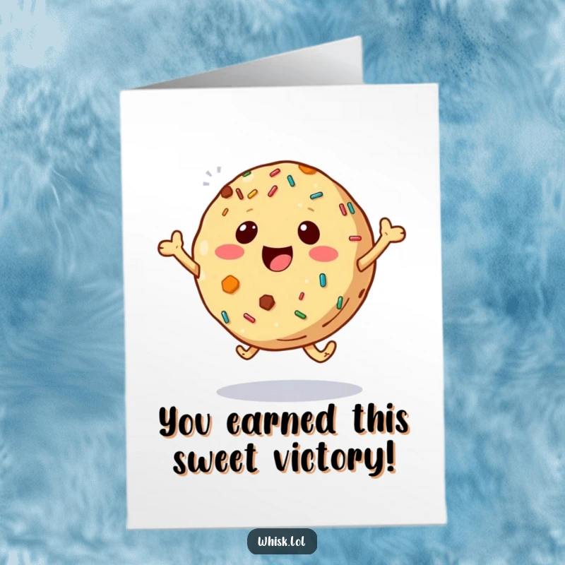 Funny Free Printable Congratulations Card: A delighted cookie with sprinkles performing a celebratory leap, perfect for cheering someone on.