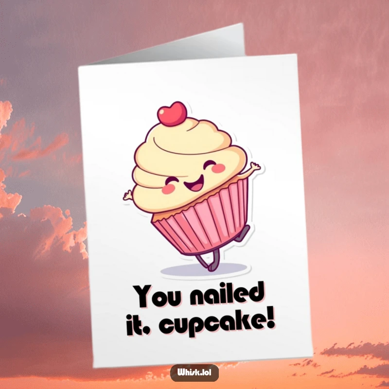 Funny Free Printable Cupcake Congratulations Card: A cheerful cupcake performing a lively cartwheel, celebrating your sweet success with energetic flair.