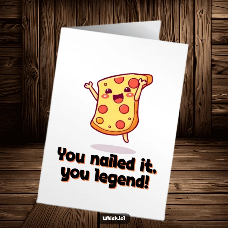 Funny Free Printable Congratulations Card: An ecstatic slice of pizza mid-somersault, cheering for success with cheesy delight.