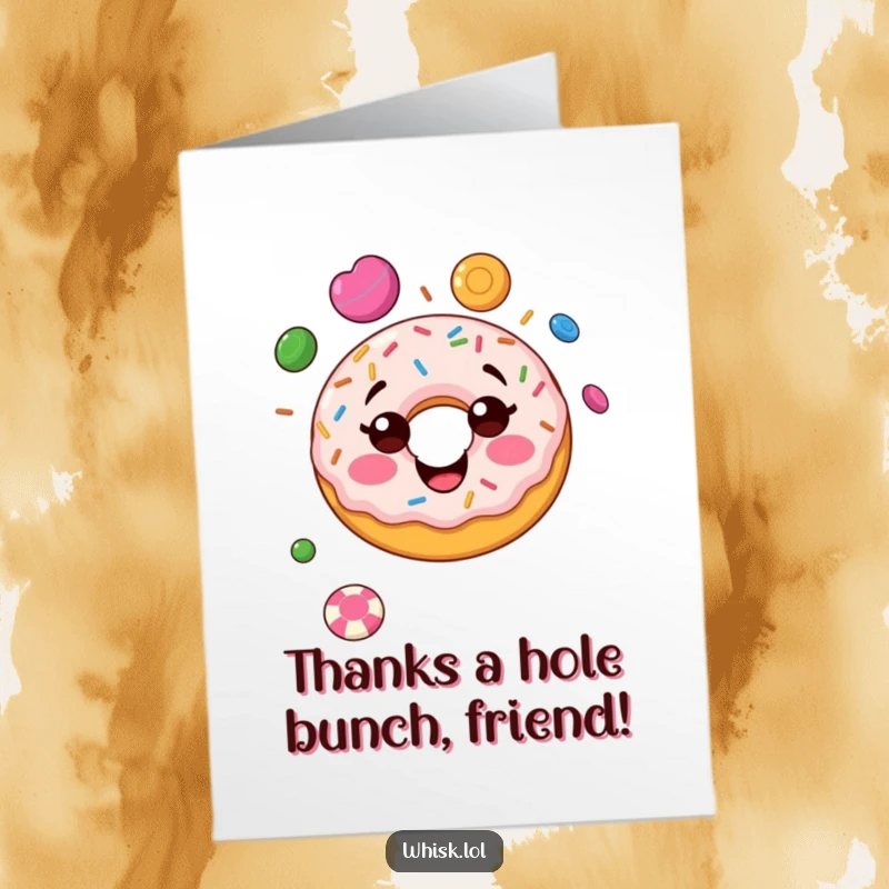 Funny Free Printable Donut Thank You Card: A smiling donut with sprinkles juggling candies, expressing sweet and cheerful thanks for their kindness.