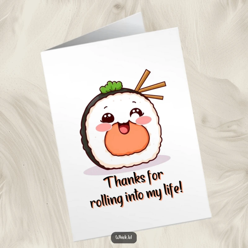 Funny Free Printable Thank You Card: A smiling sushi piece holding tiny chopsticks, offering thanks with flair.