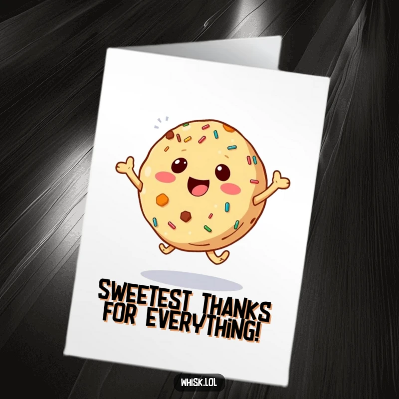 Funny Free Printable Thank You Card: A jubilant cookie covered in sprinkles, leaping to show appreciation.