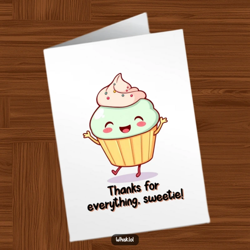 Funny Free Printable Thank You Card: Smiling cupcake with tiny legs performing a joyful dance, a sweet thank you.
