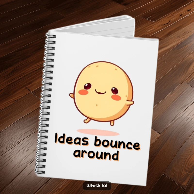 Funny round bread roll with tiny legs happily bouncing, notebook for a funny gift.