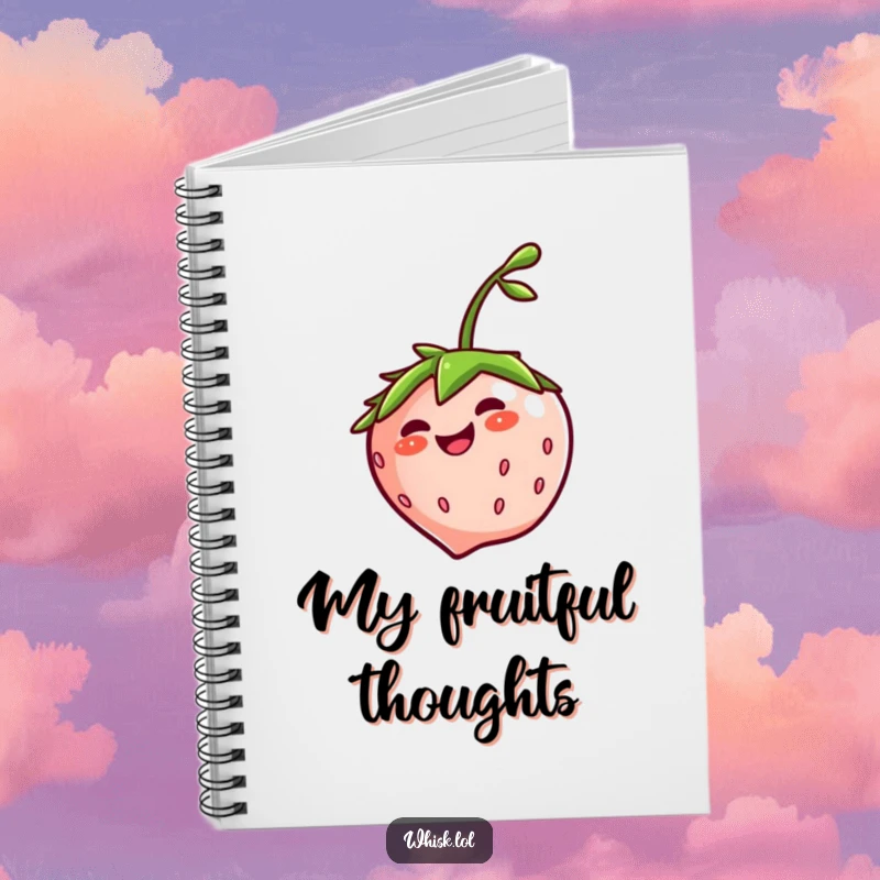Funny giggling strawberry spinning on a notebook cover, inspiring joyful thoughts and creative writing.