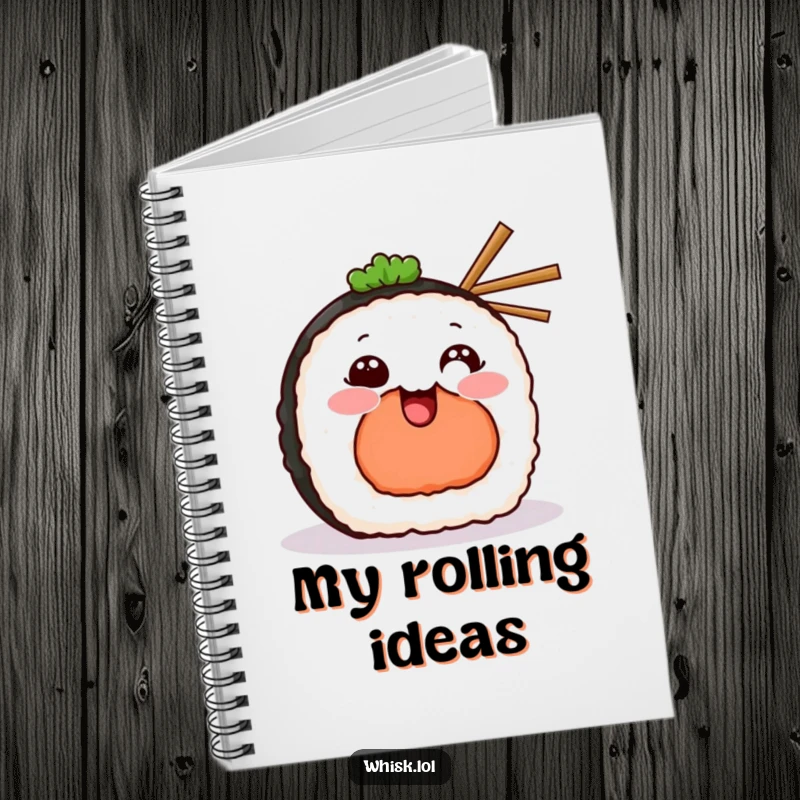 Funny Notebook featuring a grinning sushi piece holding tiny chopsticks, offering a cheerful and inspiring space for notes.