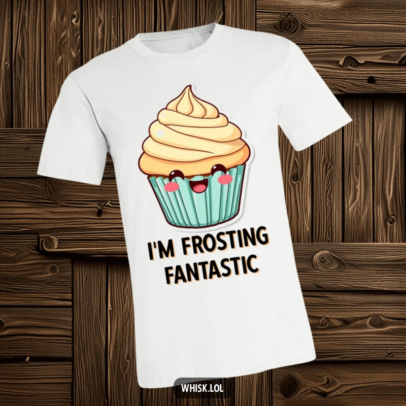 Funny T-Shirt showcasing a vibrant cupcake with luscious frosting and a wide, infectious smile, a wearable treat.