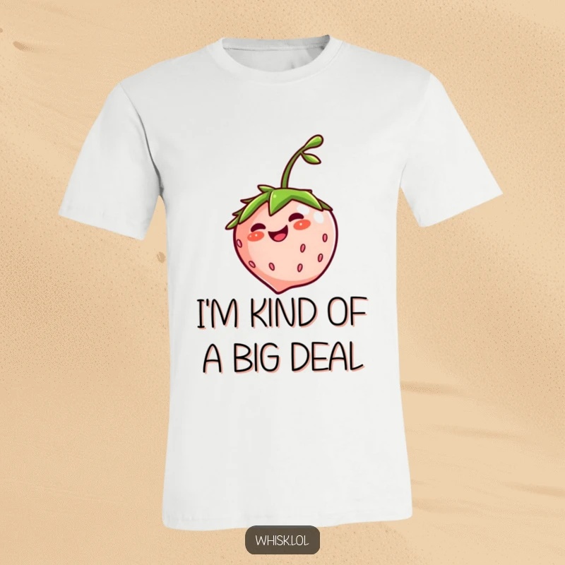 Funny spinning strawberry with a jaunty stem on a t-shirt, symbolizing joy, sweetness, and playful energy.