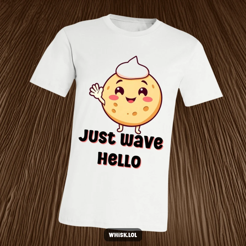 Funny cookie t-shirt, happily waving with a big smile, embodying warmth and cheerful friendliness.