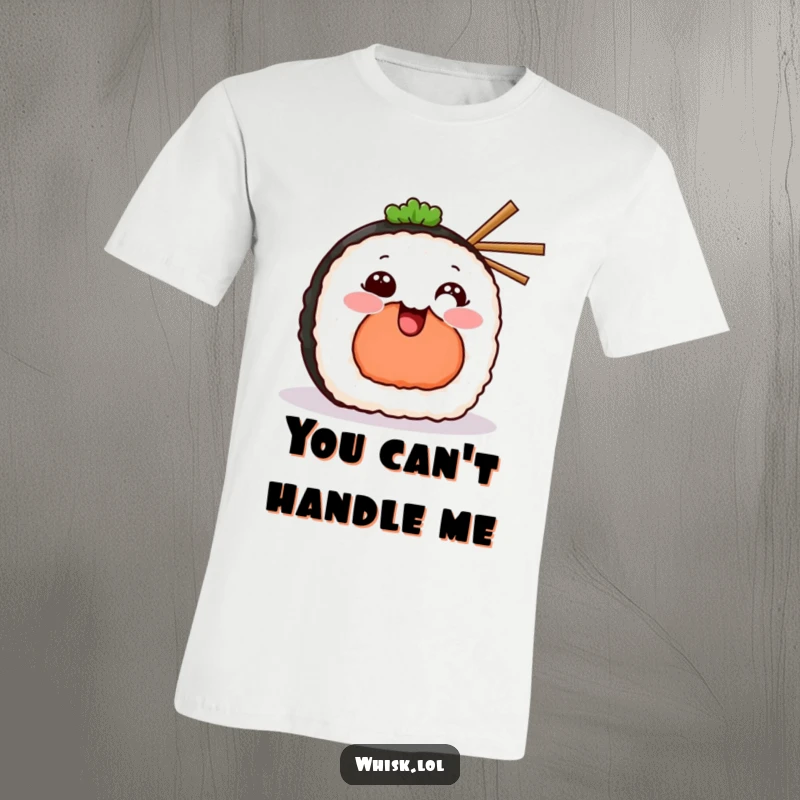 Funny T-Shirt depicting a smiling sushi piece holding miniature chopsticks, a deliciously humorous statement piece.