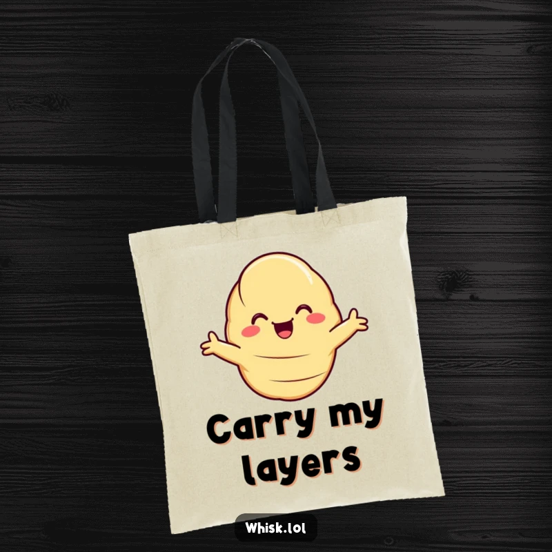 Funny Tote Bag featuring a happy croissant with its arms outstretched, offering a warm, baked hello and ample space.