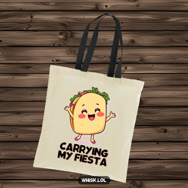 Funny taco tote bag, in a dynamic dance with salsa, a flavorful and humorous accessory.