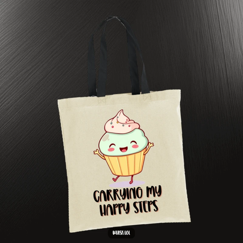 Funny Cupcake Tote Bag: A smiling cupcake with tiny legs dances joyfully, perfect for carrying goodies with a sweet and humorous flair.
