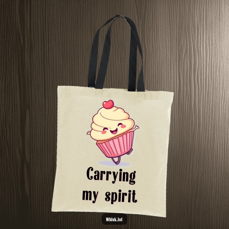 Funny cupcake tote bag, in a cartwheel motion, a cheerful and whimsical accessory for daily life.