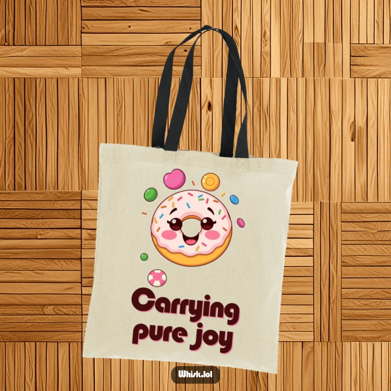 Funny donut tote bag, skillfully juggling candies, a sweet and mobile piece of humorous art.