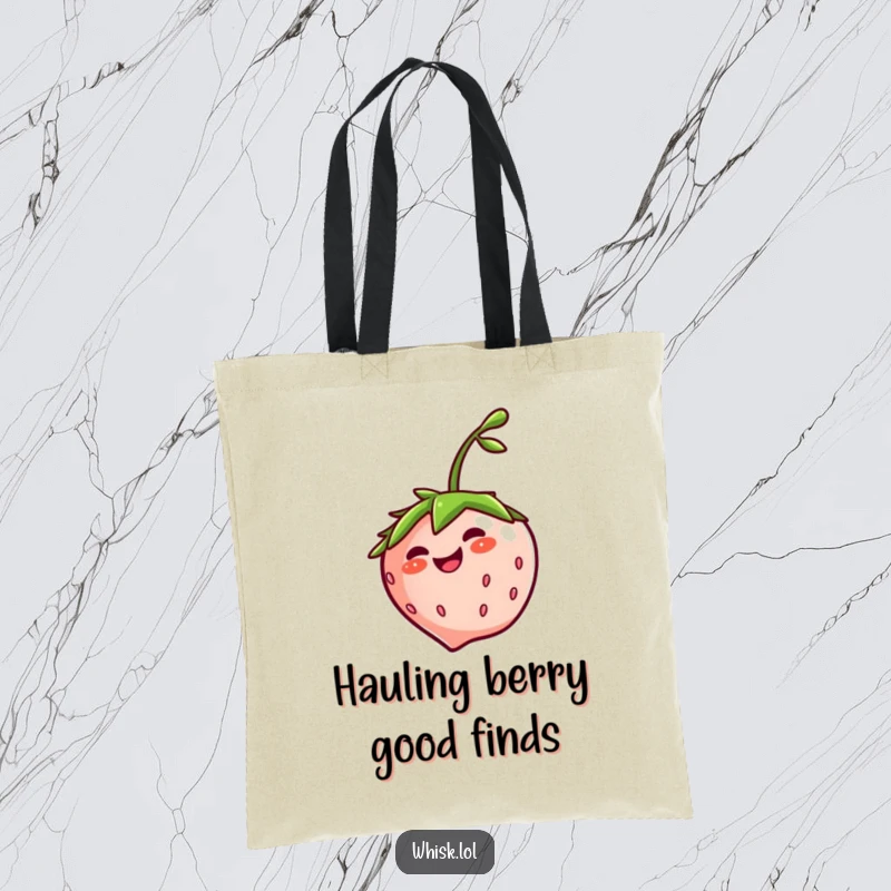 Funny giggling strawberry spinning cheerfully on a durable tote bag, a perfect accessory for fruit lovers.