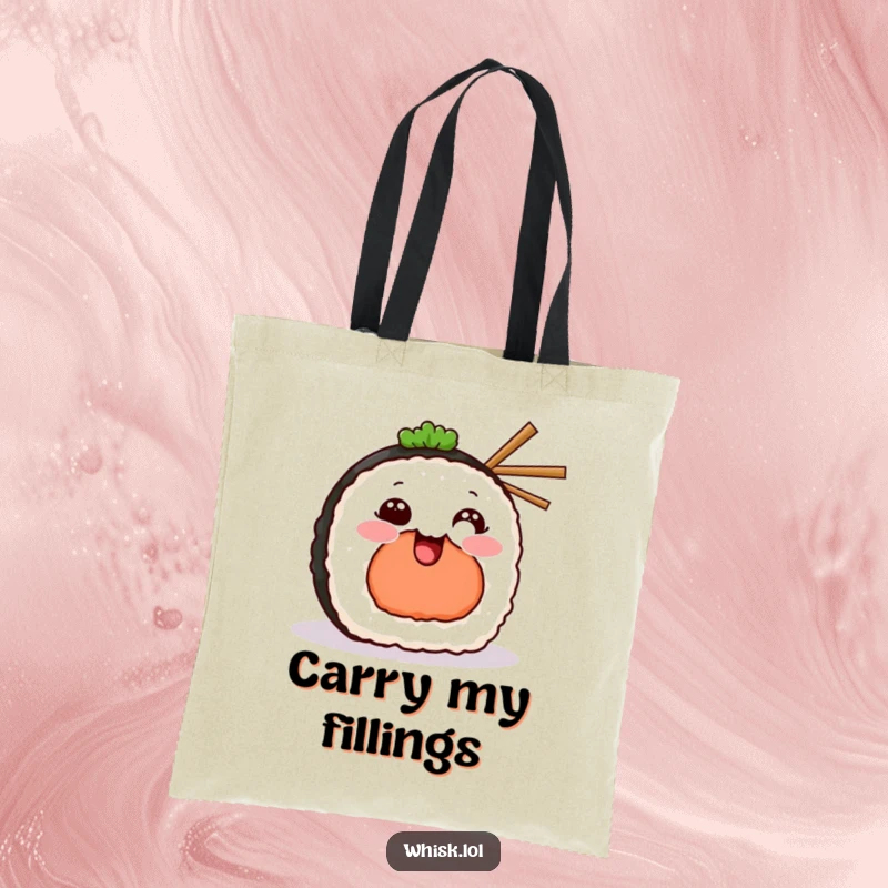 Funny Tote Bag showcasing a grinning sushi piece, complete with tiny chopsticks, ready for any outing.