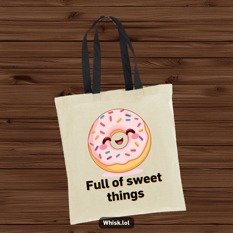 Funny Tote Bag showcasing a happy donut adorned with a cascade of wiggling sprinkles, ready for errands.